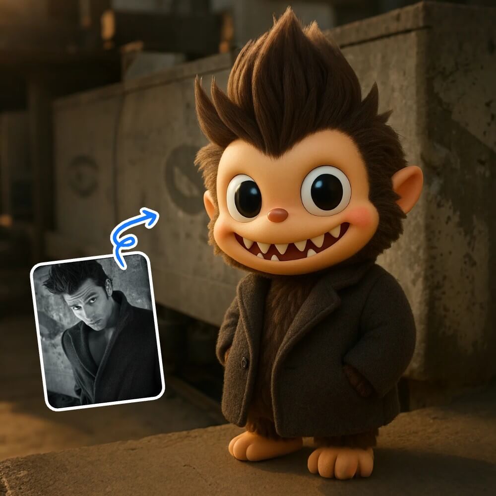 Labubu AI 3D character in long coat with spiky hair, standing confidently in a cinematic urban scene.