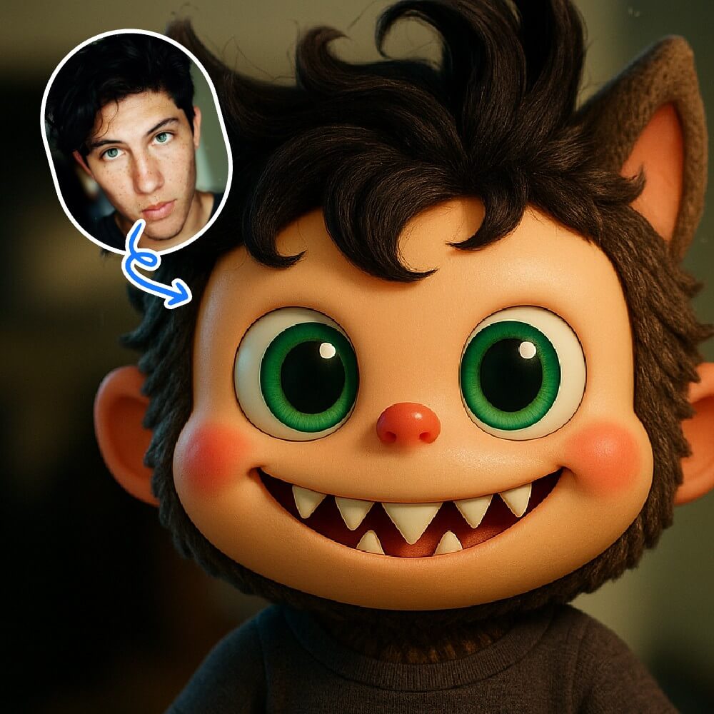 Close-up Labubu AI portrait with giant green eyes and messy hair, radiating bold personality and joy.