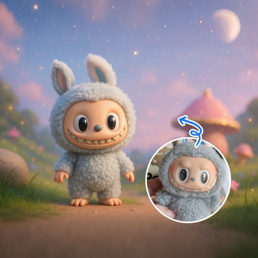 Labubu AI bunny character in fuzzy suit walking a dreamy path with moonlight and pink mushroom house.