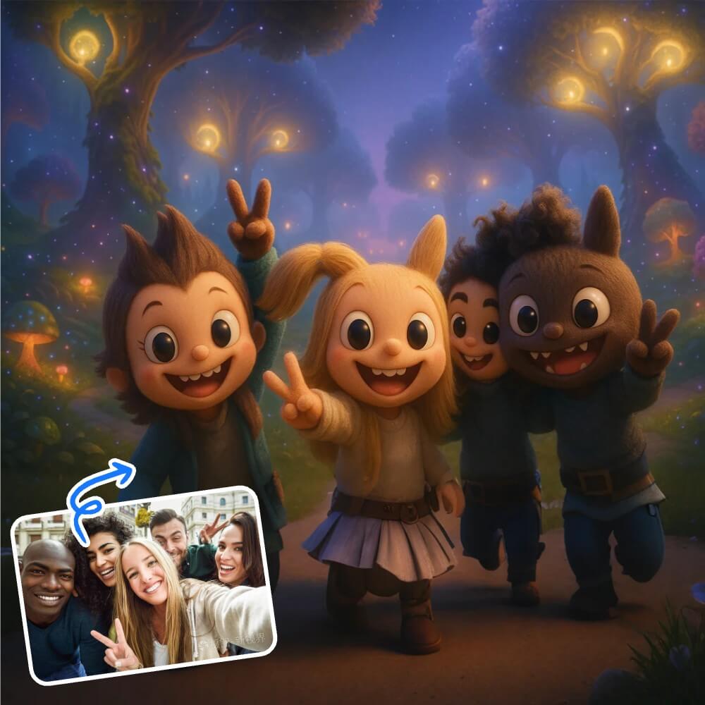 Labubu Art group of friends flashing peace signs in glowing forest, expressing friendship and magical energy.