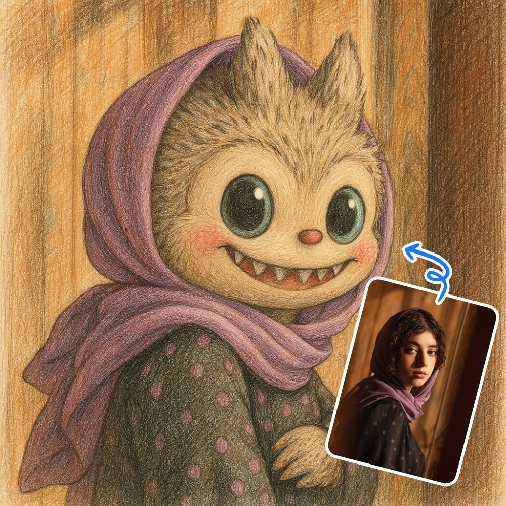 Hand-drawn Labubu Art of girl in purple scarf, smiling softly in cozy wood-toned interior sketch style.