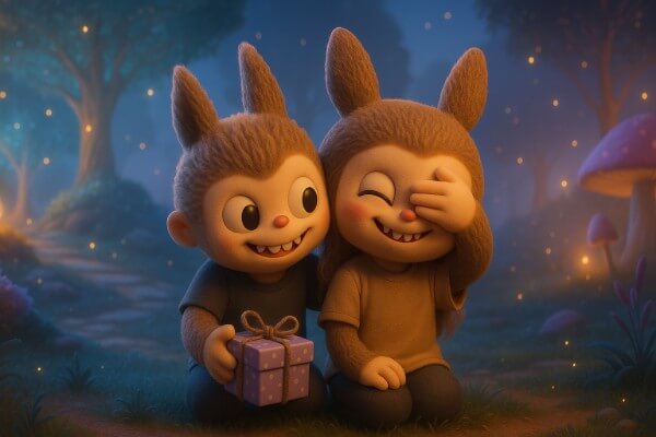 Labubu Art characters exchange gifts in a dreamy forest scene, glowing with soft light and emotional charm.