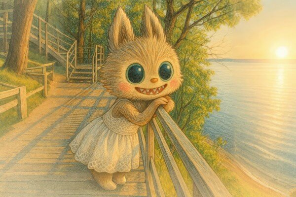 Labubu Art sunset sketch of bunny girl leaning over railing, glowing softly with lakeside serenity and charm.