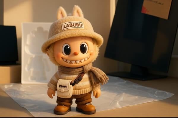 Winter-ready Labubu AI figure in cozy outfit, posing indoors with signature smile and fluffy textures.