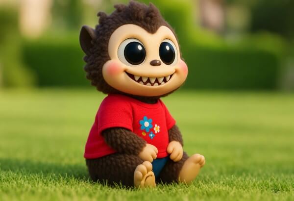 Labubu Art fuzzy figure sits on green grass in a red flower tee, radiating joyful outdoor energy.