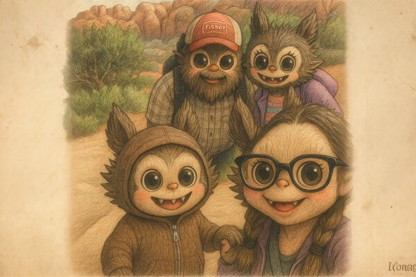 Labubu Art family portrait in adventure gear, smiling warmly on desert trail with rich hand-drawn texture.