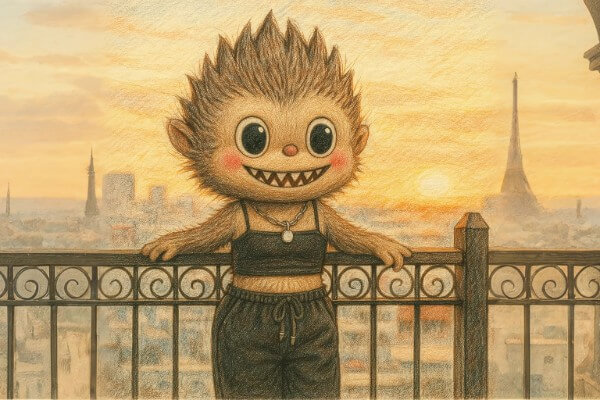 Labubu Art sunset sketch of character smiling in black outfit, standing before Paris skyline with warm tones.